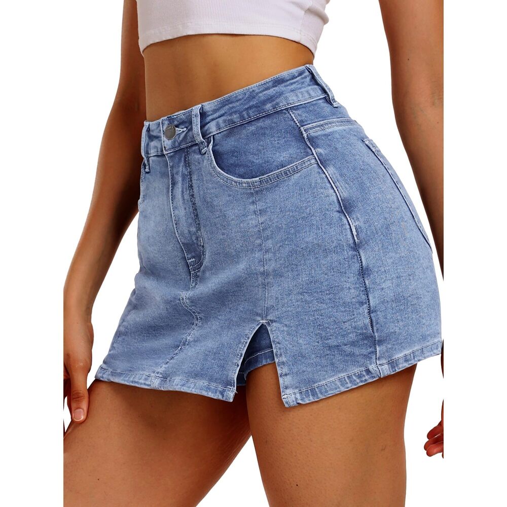 3097 Skorts Skirts Denim Mini Skirt Side Slit with High Waisted Jean Shorts - Picture 2 of 5